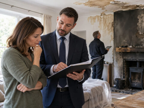 Loss assessor discussing an insurance claim with a property owner